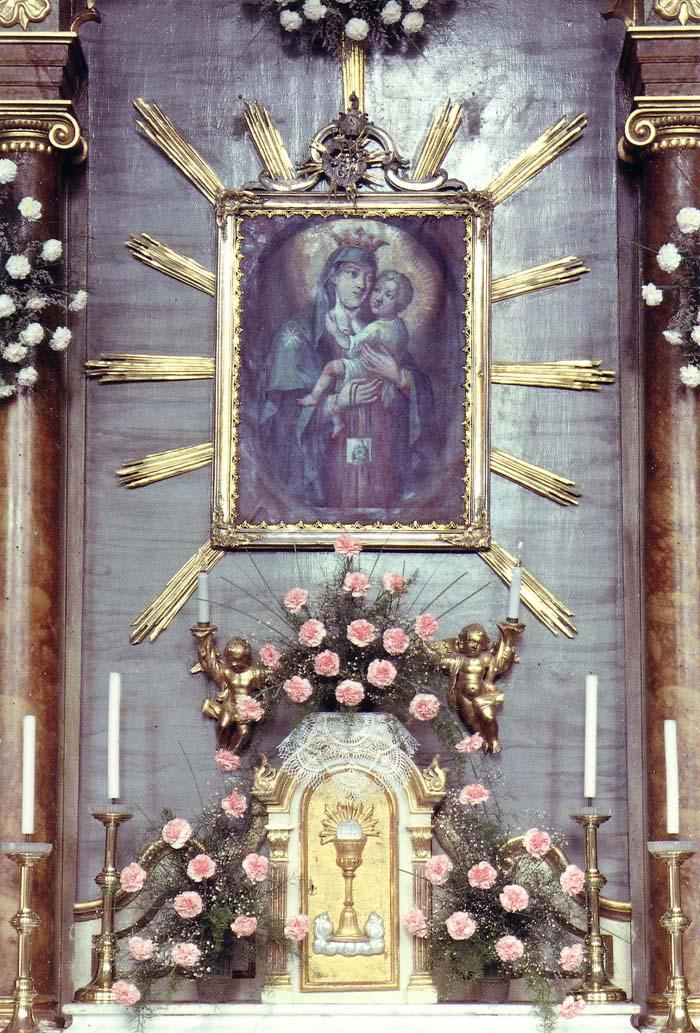 A kistapolcsányi templom kegyképe: Kármelhegyi (Skapulárés) Boldogasszony a gyermek Jézussal (Fotó: Wikipédia)